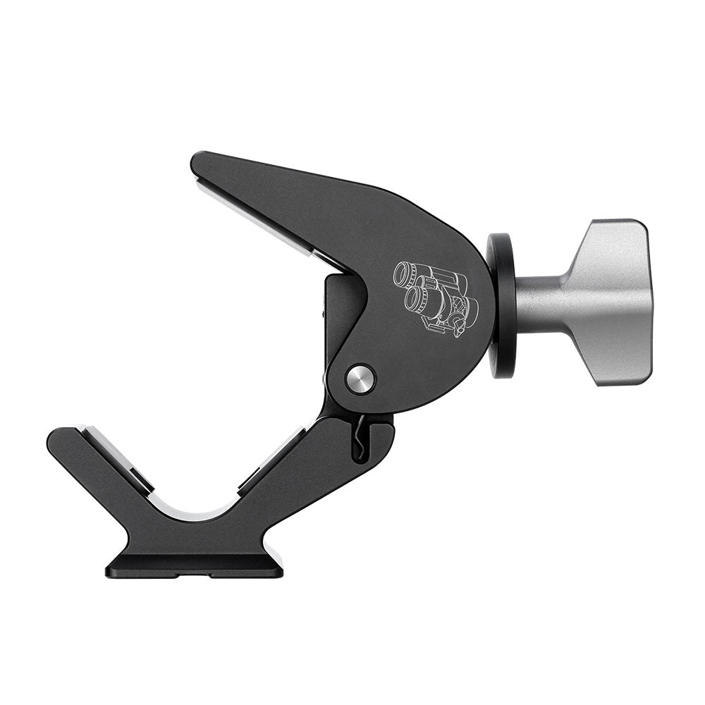 Leofoto BC-02 binocular adapter side view for tripod mounting and stable observation.