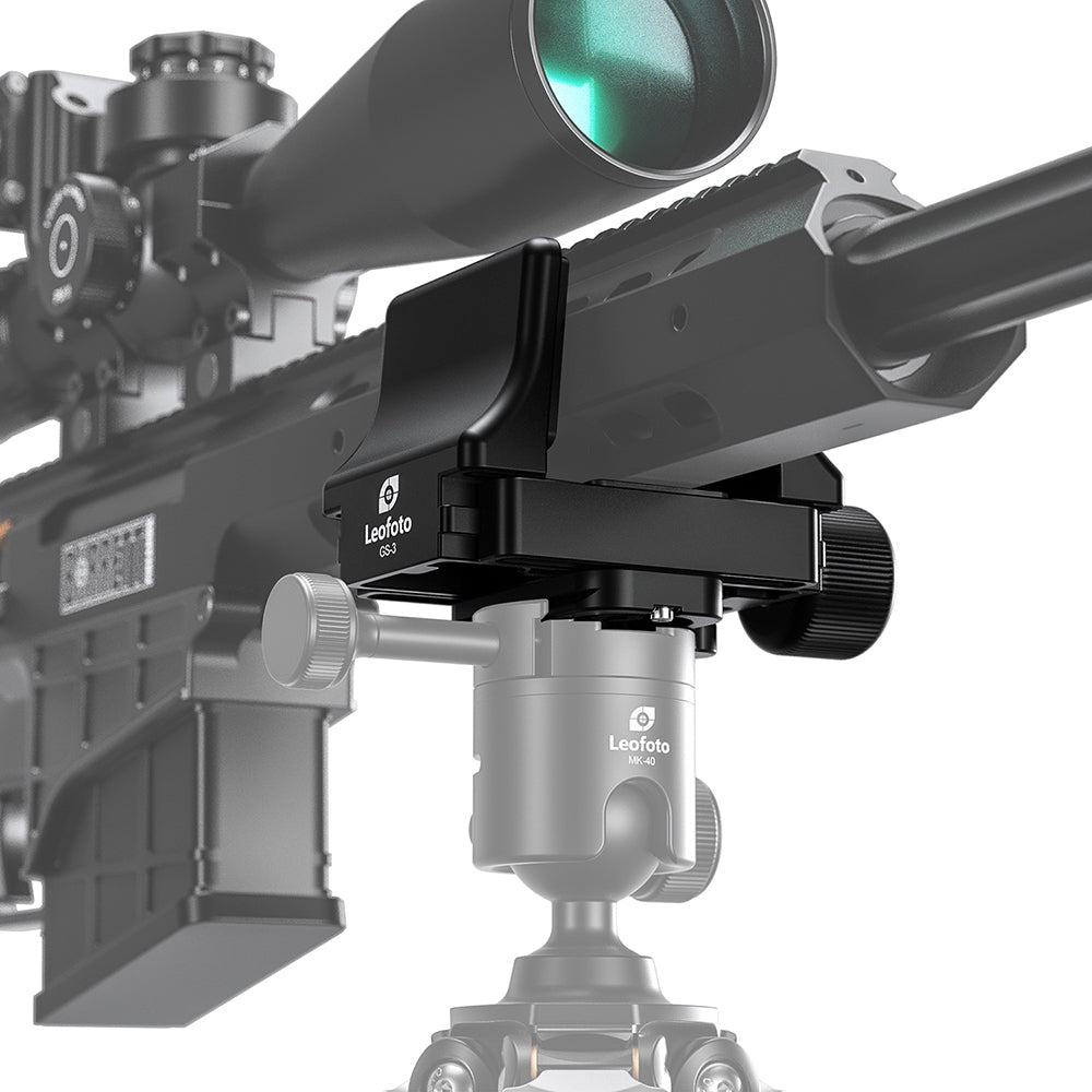 Leofoto GS-3 Equipment Support Mount securely attached to a tripod, enhancing accuracy for various equipment.