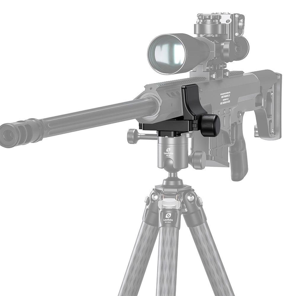 Leofoto GS-3 Equipment Support Mount securely clamped to a tripod, enhancing shooting accuracy for various equipment.