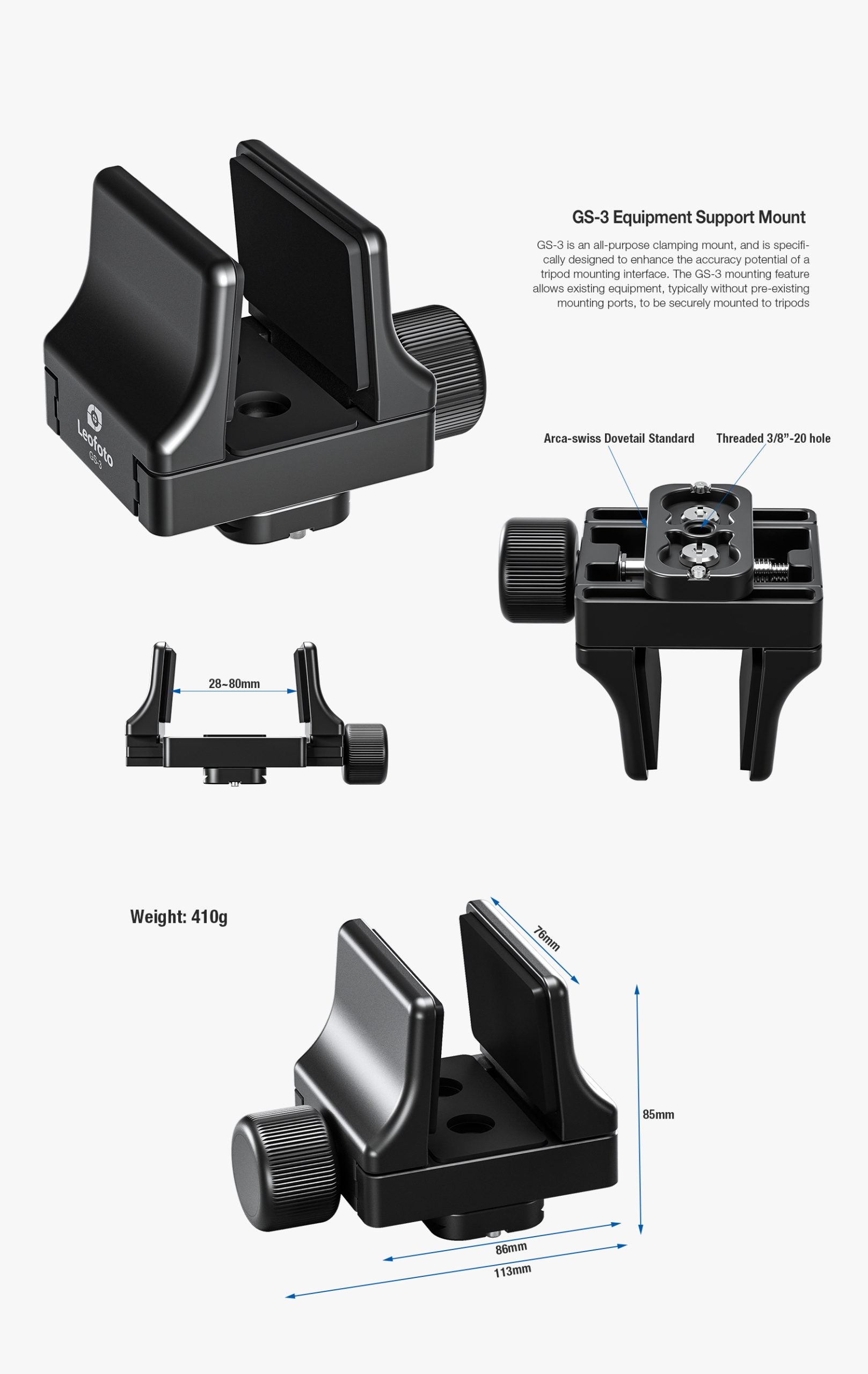 Leofoto GS-3 Equipment Support Mount image showcasing design and measurements.