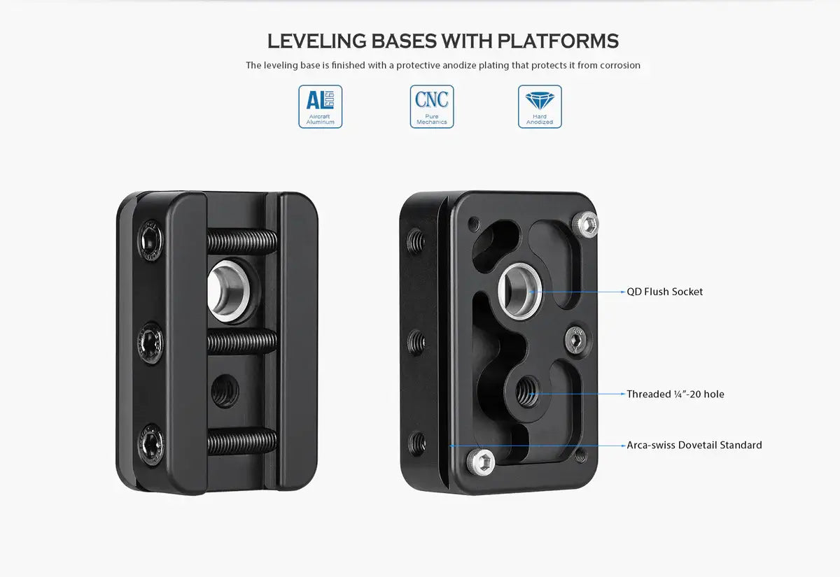 Leofoto GS-1 NATO-DVTL Picatinny Mount features leveling bases with platforms for secure equipment attachment.