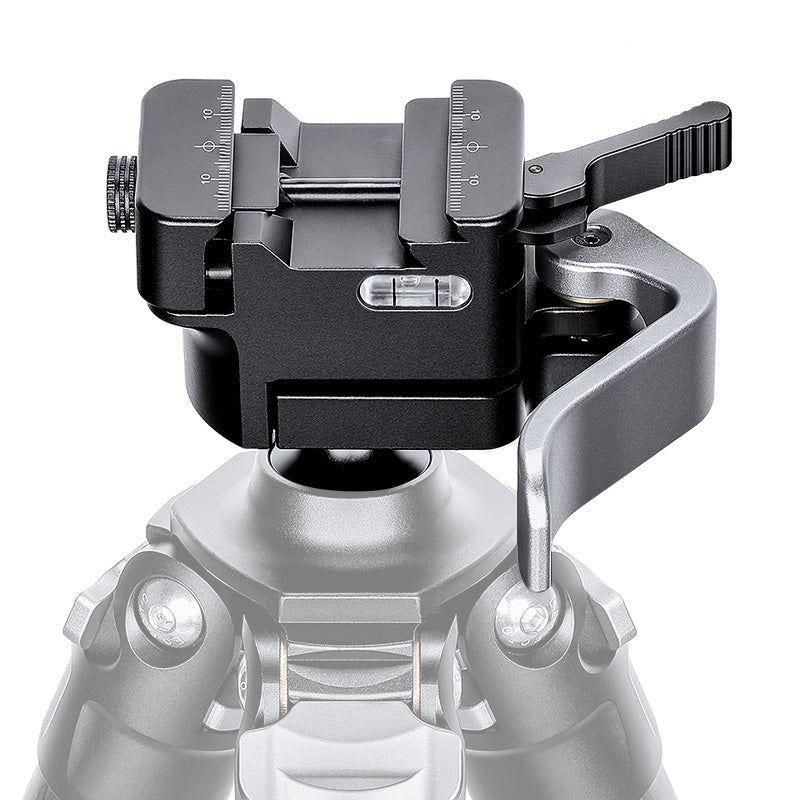 Leofoto MA-30L Rapid-Lock ball head detail on tripod showing double clamp design and leveling bubble