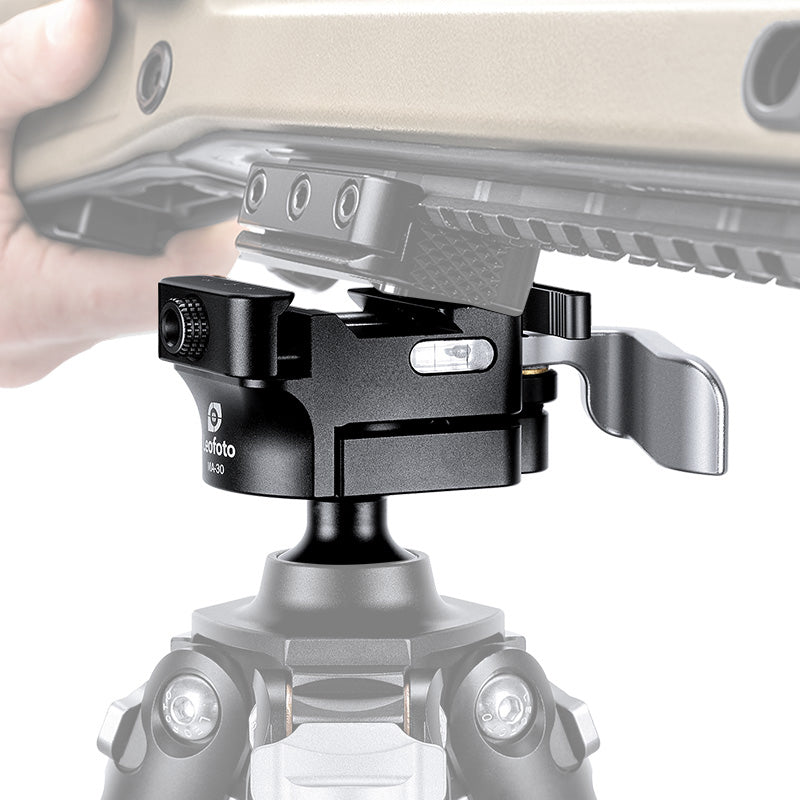 Leofoto MA-30L Rapid-Lock ball head mounted on a tripod, showcasing its robust design and double clamp functionality.