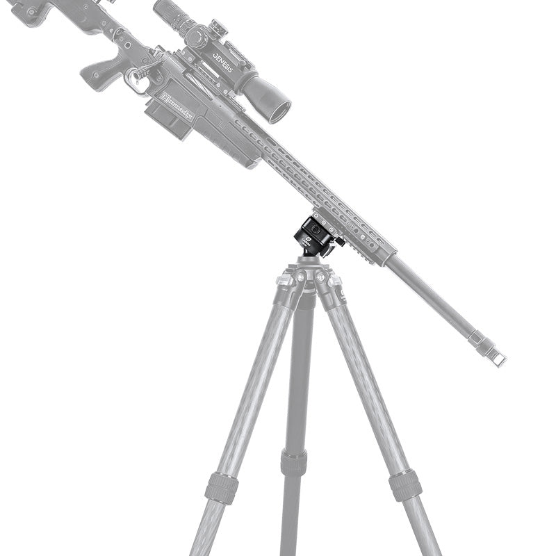 Leofoto MA-30L Rapid-Lock ball head mounted on a tripod with a rifle for stable shooting.