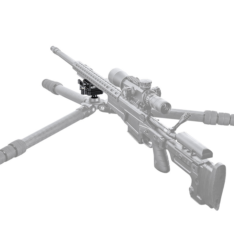 Leofoto MA-30L Rapid-Lock ball head mounted on a precision rifle for stable shooting.