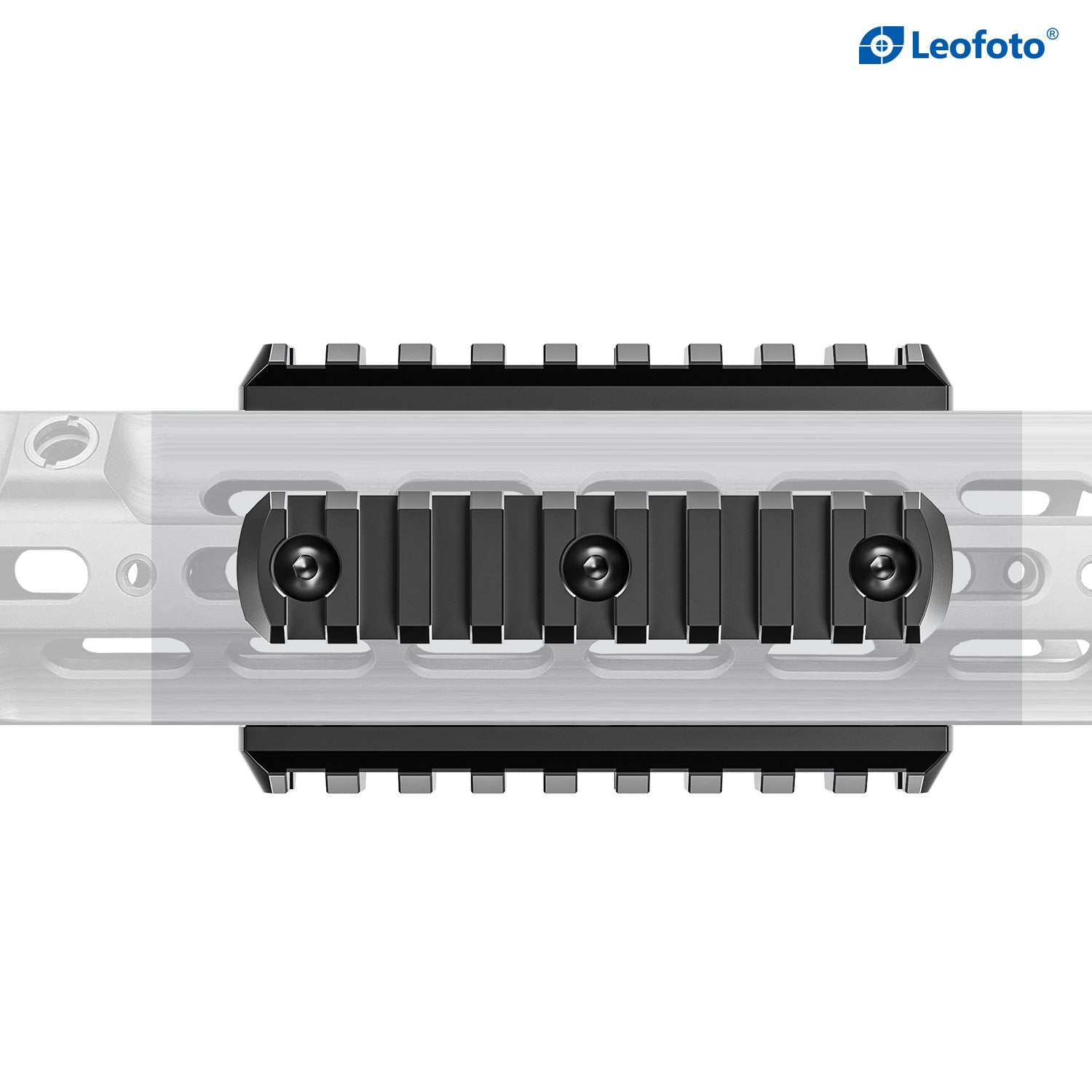 Leofoto M-Lok Picatinny rail 40mm-100mm mounted on handguard for reliable accessory attachment.