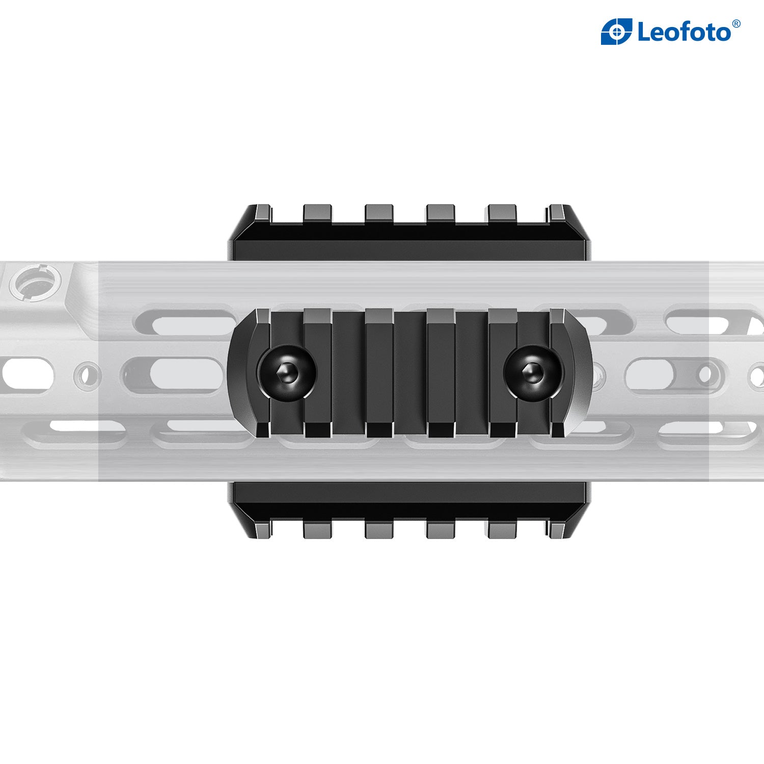 Leofoto M-Lok Picatinny rail 40mm-100mm mounted on a handguard, showcasing its robust design and flexibility.