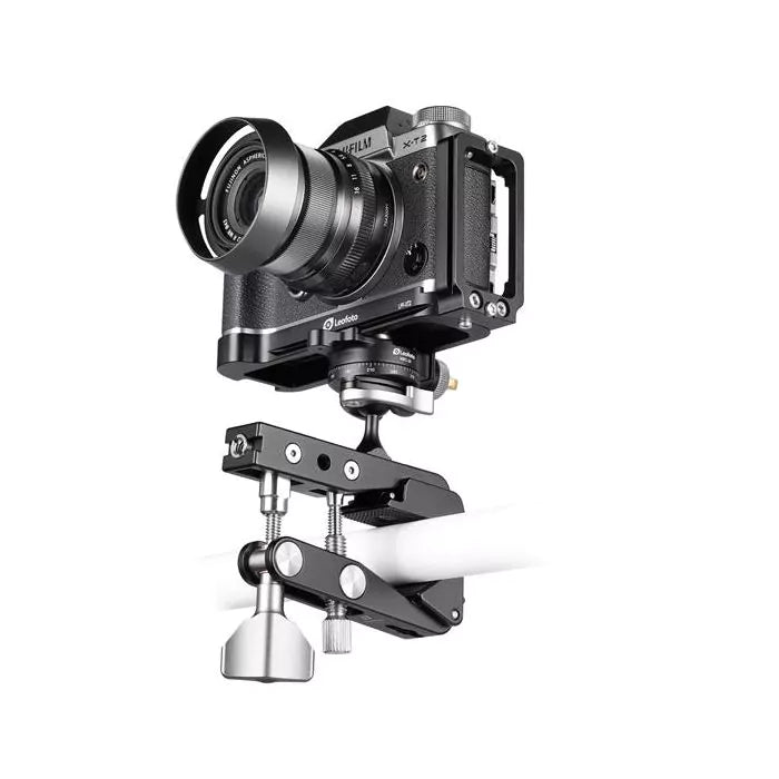 Leofoto Multipurpose clamp MC-80 with a camera attached, showcasing its versatile mounting capabilities.