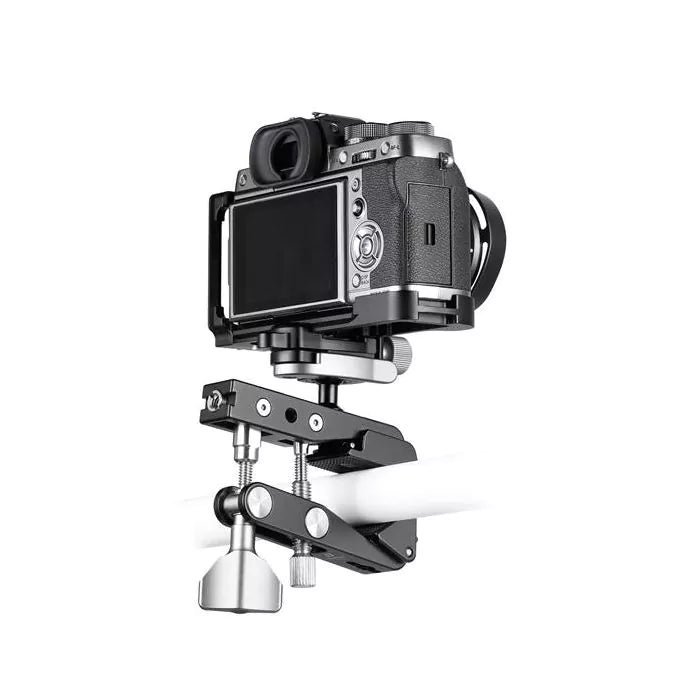 Leofoto Multipurpose clamp MC-80 holding a camera for versatile mounting solutions.