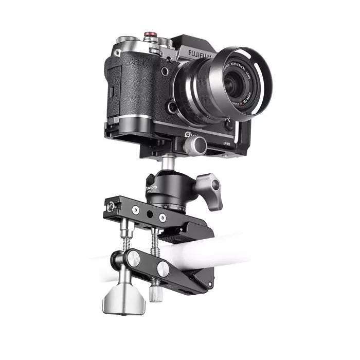 Leofoto Multipurpose clamp MC-80 securely mounting a camera, showcasing durability and versatility for professionals.