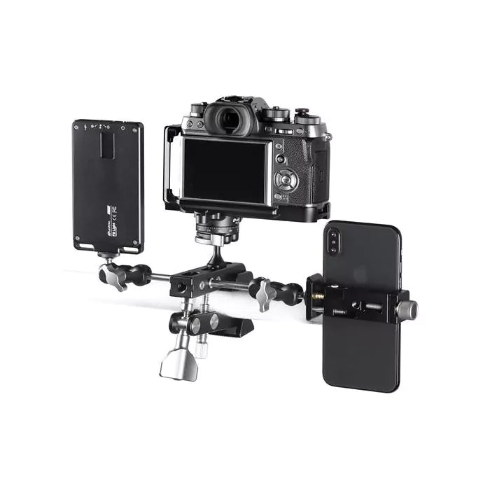 Leofoto Multipurpose clamp MC-80 holding a camera and smartphone for versatile mounting.