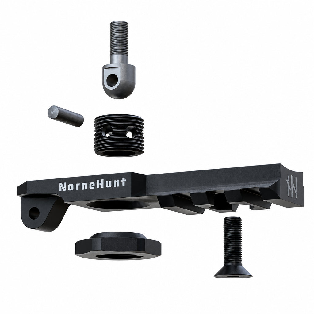 Exploded view of a NorneHunt Sling Stud Picatinny rail with sling stud, mounting insert, pin, collar and additional screw.