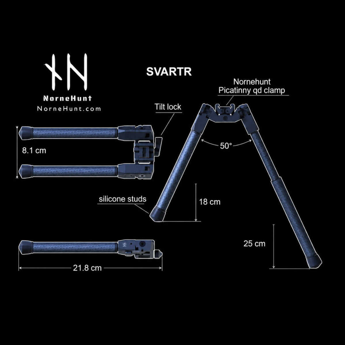 NorneHunt SvartR bipod technical diagram showing folded dimensions, leg extension, 50° spread, tilt lock and Picatinny clamp.